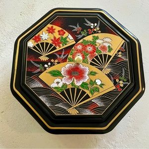 Vintage Floral Japanese Lacquer Lazy Susan Turntable Divided Serving Tray